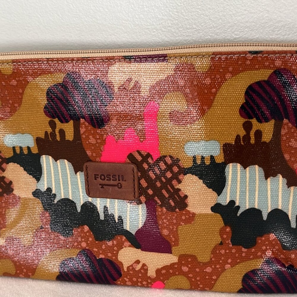 FOSSIL KeyPer Cosmetic Case Bag Coated Canvas Multicolor Abstract Zip Pouch 11X6
